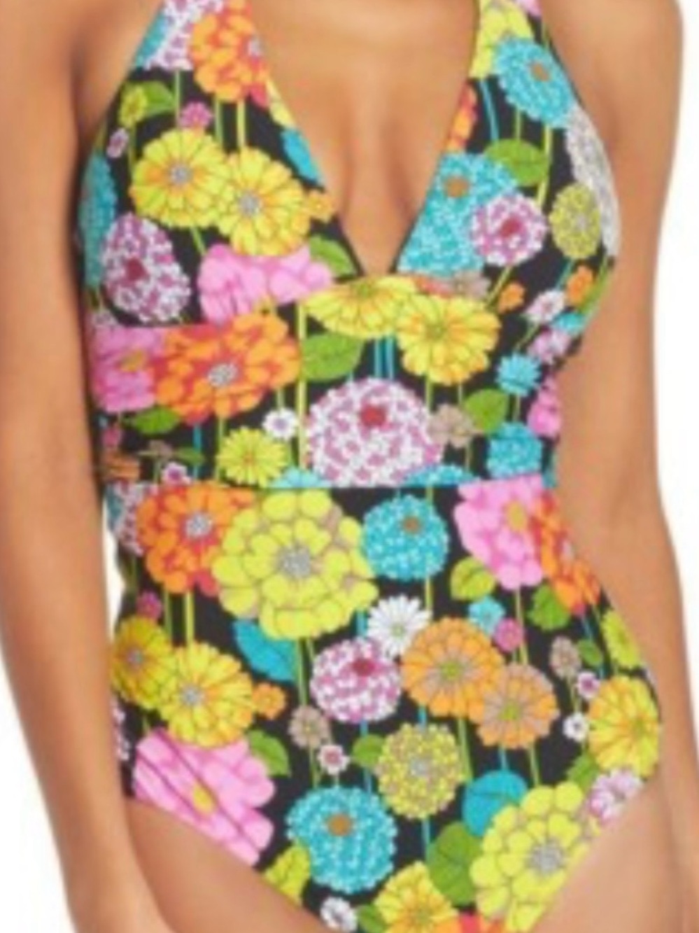 Trina Turk Black Floral Halter One-Piece Swimsuit with Bright Multi-Color Blooms